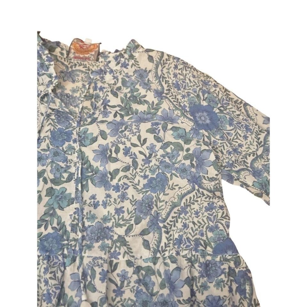 Johnny Was Blue Floral Peplum Blouse Tassel Tie Split Neck Long Sleeve Top L - Picture 4 of 7